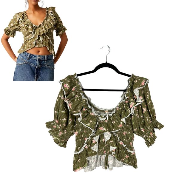 Free People Favorite Girl Top Green Floral Cropped Cottage Boho Ruffle Small - Picture 1 of 6